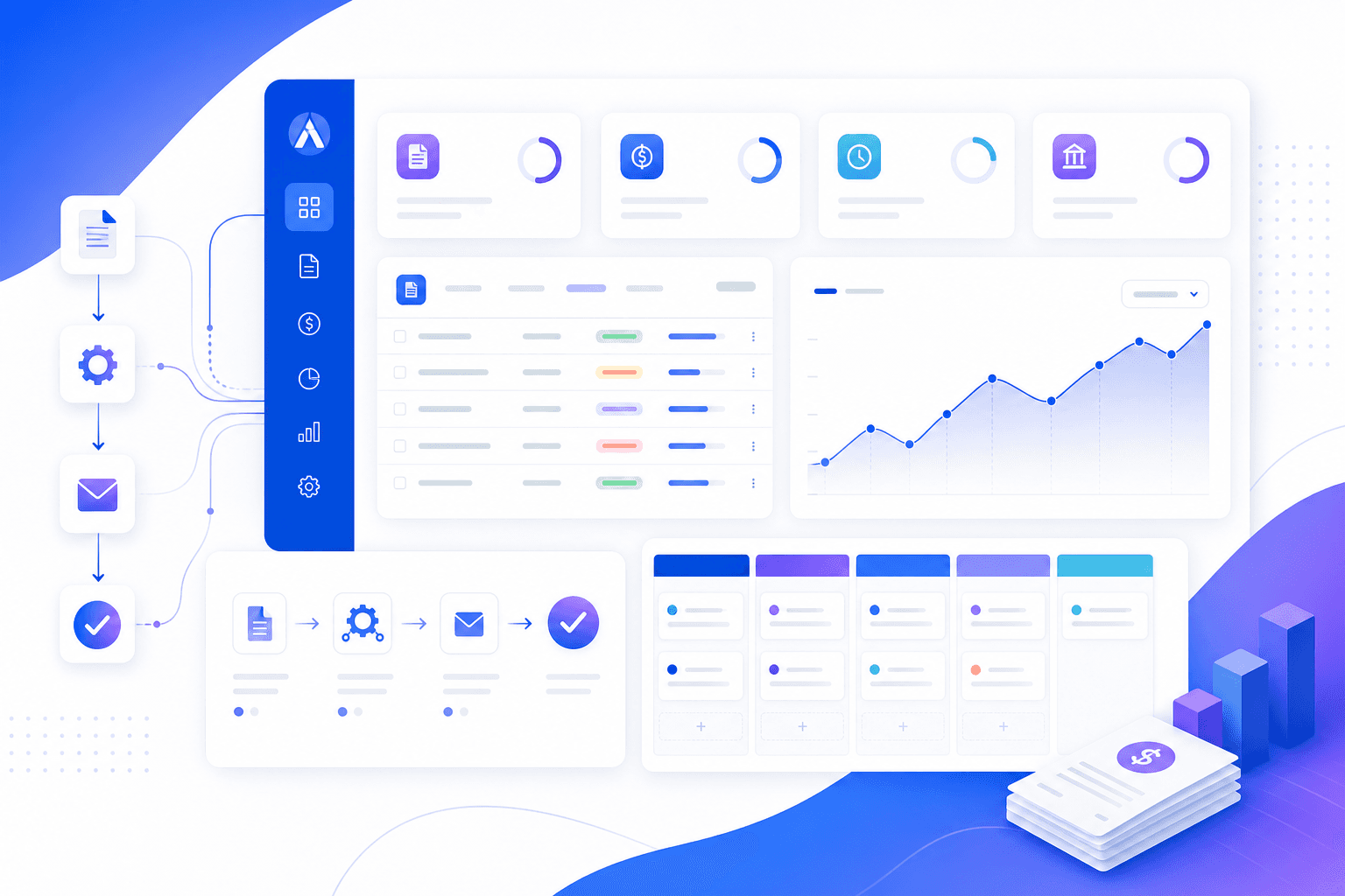 Arrexia-style accounts receivable automation dashboard with invoice tracking, workflow automation, and cash flow charts
