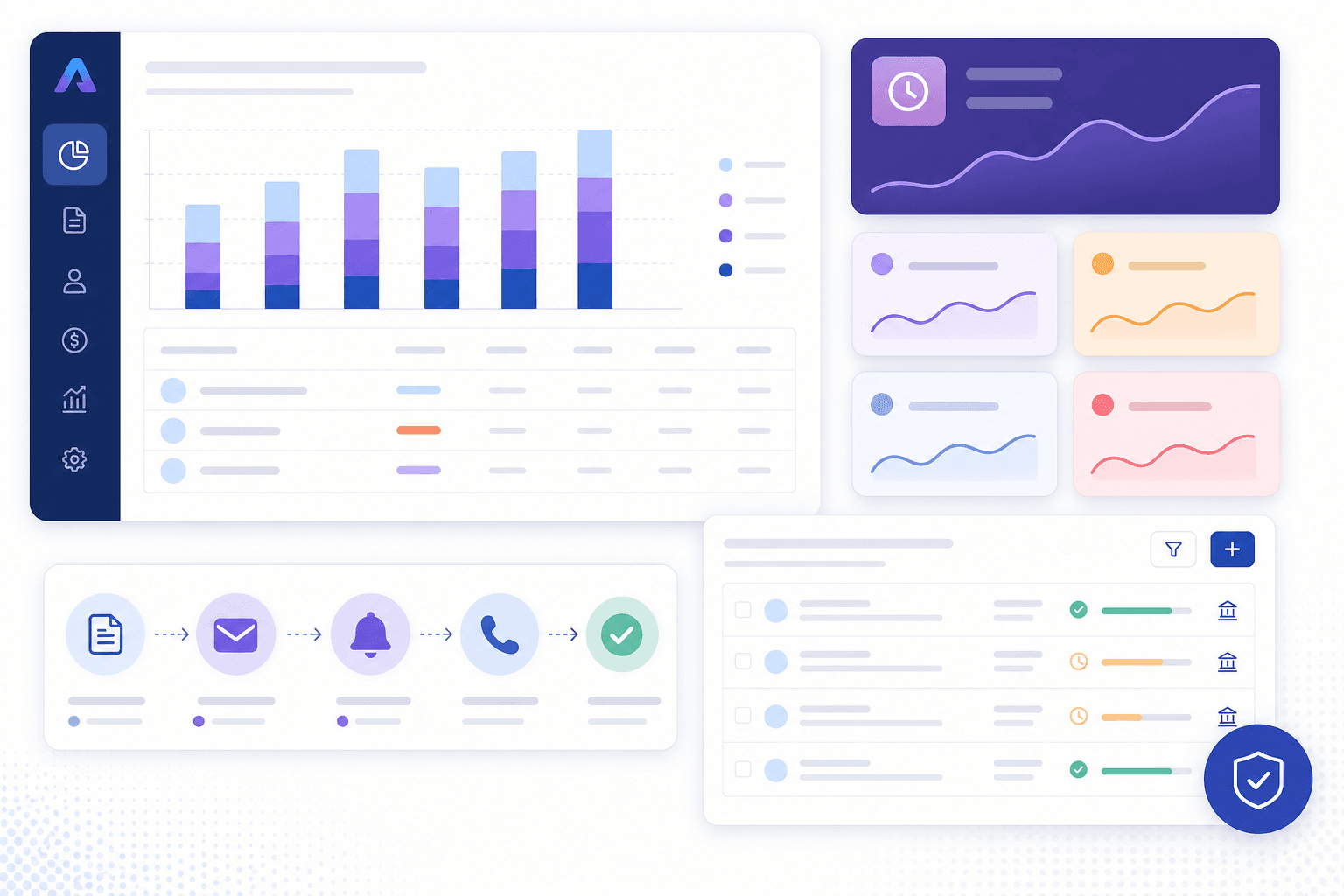 Overdue invoice management workflow with aging report charts and structured collections follow-up steps