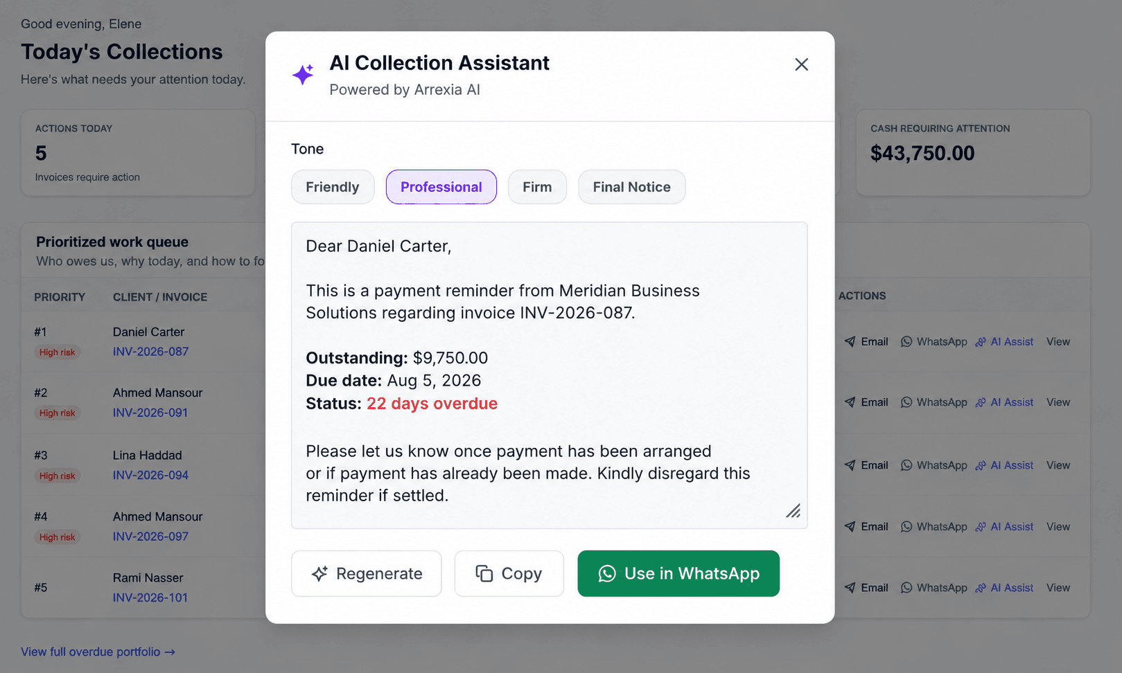 Arrexia AI Collection Assistant drafting a professional reminder with human review before Email or WhatsApp follow-up